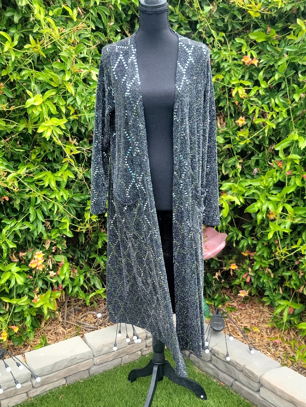 Black Pocketed Long Kimono Duster With Silver Sequin Embellishment M